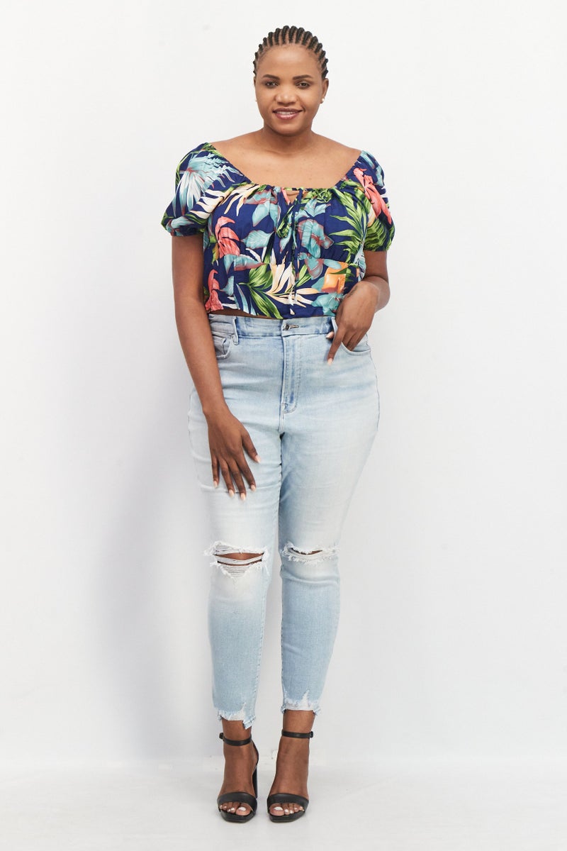 LASULA Women Square Neckline Short Sleeves Allover Print Top, Blue - Image 4