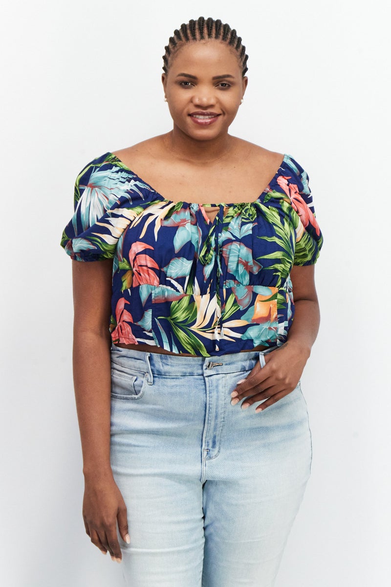 LASULA Women Square Neckline Short Sleeves Allover Print Top, Blue - Image 1