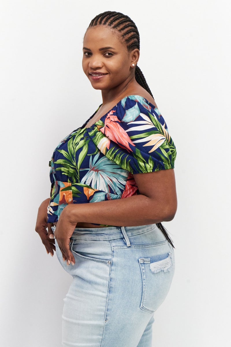 LASULA Women Square Neckline Short Sleeves Allover Print Top, Blue - Image 2