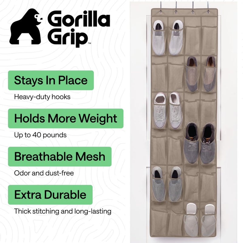 GORILLA GRIP Over the Door Shoe Organizer, 24 Large Breathable Mesh Pockets, Space Saving Hanging Storage Holder, Closet Rack Hanger Holds Up to 40 lbs, Hangs on Closets for Shoes, Accessories, Beige - Image 2