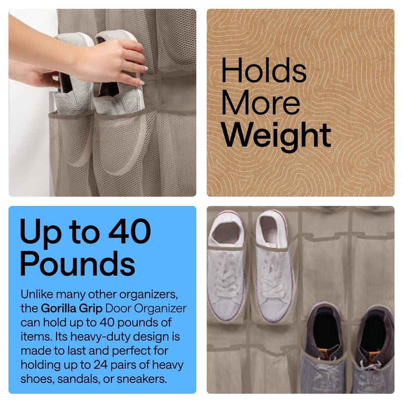 GORILLA GRIP Over the Door Shoe Organizer, 24 Large Breathable Mesh Pockets, Space Saving Hanging Storage Holder, Closet Rack Hanger Holds Up to 40 lbs, Hangs on Closets for Shoes, Accessories, Beige - Image 3