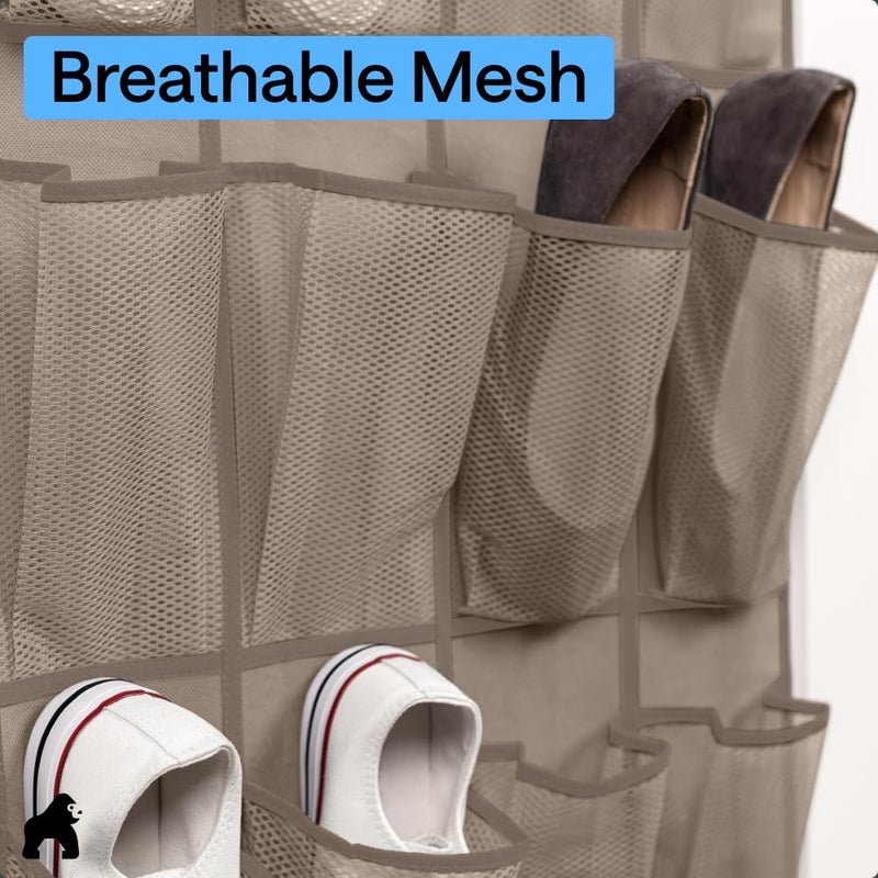 GORILLA GRIP Over the Door Shoe Organizer, 24 Large Breathable Mesh Pockets, Space Saving Hanging Storage Holder, Closet Rack Hanger Holds Up to 40 lbs, Hangs on Closets for Shoes, Accessories, Beige - Image 5