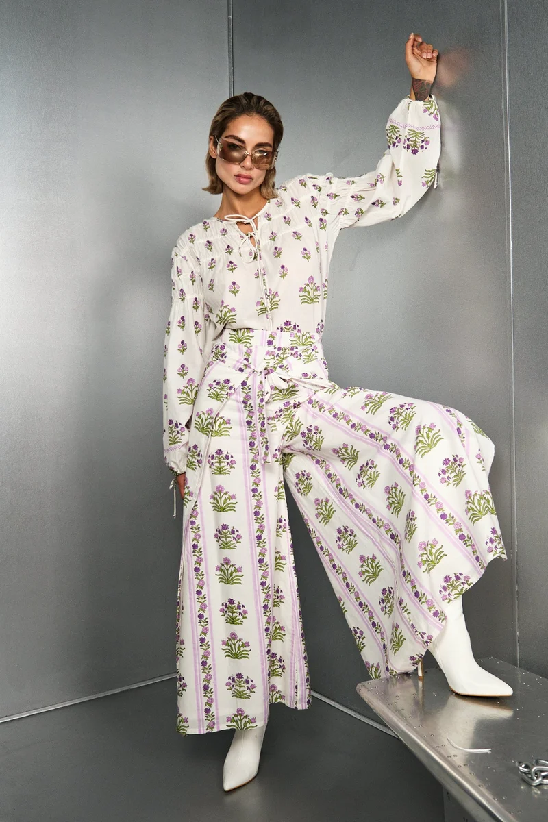 فيرجيو Cotton Block Brunchwear Print Split Pants for Women