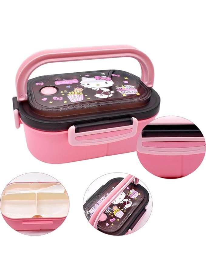 هالو كيتي بينتو علب الاغذية الاطفال الحاويات مع 3 مقصورات 1400 مللي مانعة للتسرب بينتو علب الاغذية قابلة لإعادة الاستخدام بينتو مجموعة صناديق مع ملعقة شوكة صندوق الوجبات الخفيفة للأطفال والكبار نزهات - Image 4