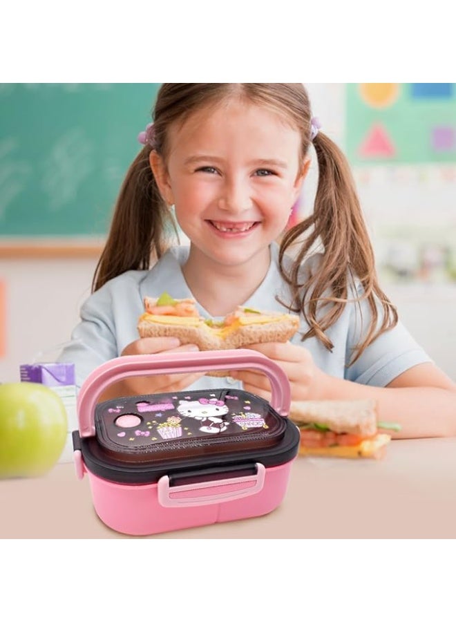 هالو كيتي بينتو علب الاغذية الاطفال الحاويات مع 3 مقصورات 1400 مللي مانعة للتسرب بينتو علب الاغذية قابلة لإعادة الاستخدام بينتو مجموعة صناديق مع ملعقة شوكة صندوق الوجبات الخفيفة للأطفال والكبار نزهات - Image 2