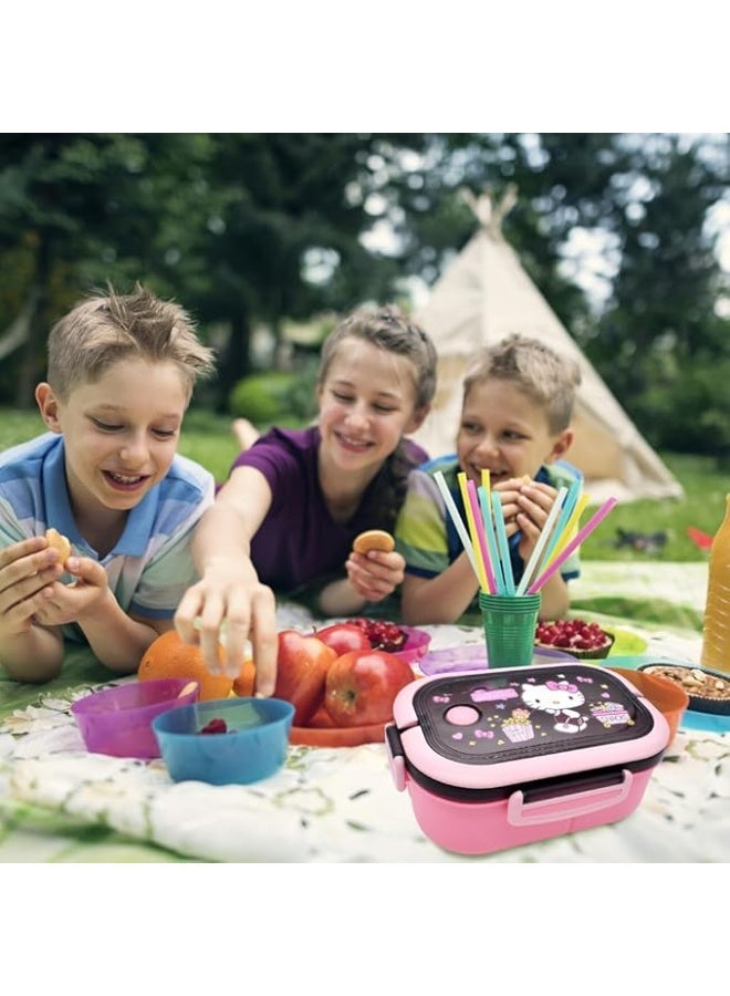 هالو كيتي بينتو علب الاغذية الاطفال الحاويات مع 3 مقصورات 1400 مللي مانعة للتسرب بينتو علب الاغذية قابلة لإعادة الاستخدام بينتو مجموعة صناديق مع ملعقة شوكة صندوق الوجبات الخفيفة للأطفال والكبار نزهات - Image 5