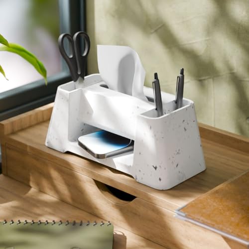 eo Pen Stand with Tissue Dispenser, Desk Organizer & Phone Holder, Multipurpose Stationery Organiser for Office Desk, Study Table & Home (Versa, Marble White) - Image 2