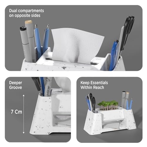 eo Pen Stand with Tissue Dispenser, Desk Organizer & Phone Holder, Multipurpose Stationery Organiser for Office Desk, Study Table & Home (Versa, Marble White) - Image 5