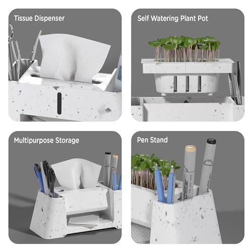 eo Pen Stand with Tissue Dispenser, Desk Organizer & Phone Holder, Multipurpose Stationery Organiser for Office Desk, Study Table & Home (Versa, Marble White) - Image 3