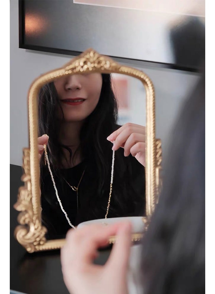 الذهب الخمر مرآة الغرور, ماكياج المرآة,مرآة الباروك القديمة مع إطار مزين, مرآة النحاس القوسية للحمام, غرفة المعيشة, المكاتب, السكن,مراية مكياج，مرايا صغيرة - Image 5