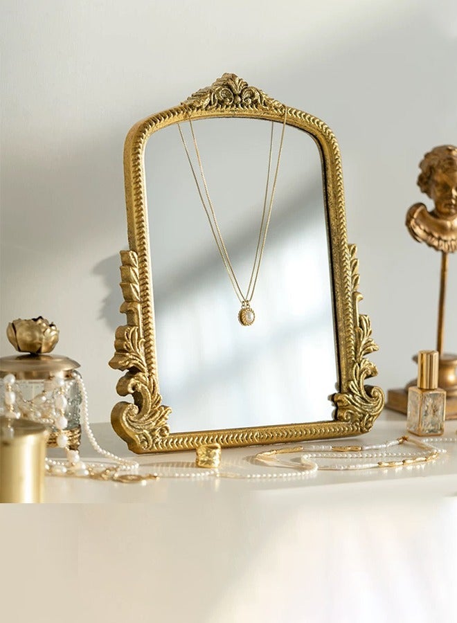 الذهب الخمر مرآة الغرور, ماكياج المرآة,مرآة الباروك القديمة مع إطار مزين, مرآة النحاس القوسية للحمام, غرفة المعيشة, المكاتب, السكن,مراية مكياج，مرايا صغيرة - Image 2
