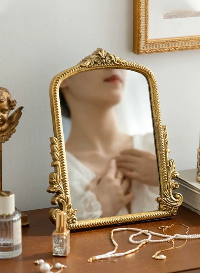 الذهب الخمر مرآة الغرور, ماكياج المرآة,مرآة الباروك القديمة مع إطار مزين, مرآة النحاس القوسية للحمام, غرفة المعيشة, المكاتب, السكن,مراية مكياج，مرايا صغيرة - Image 1