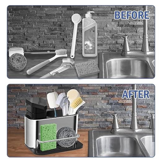 Dezzy Dezzy Dish Soap Dispenser for Kitchen Sink 3 in 1 Kitchen Sink Caddy with Sponge Holder Stainless Steel Kitchen Sink Organizer with Soap Dispenser  - Image 3
