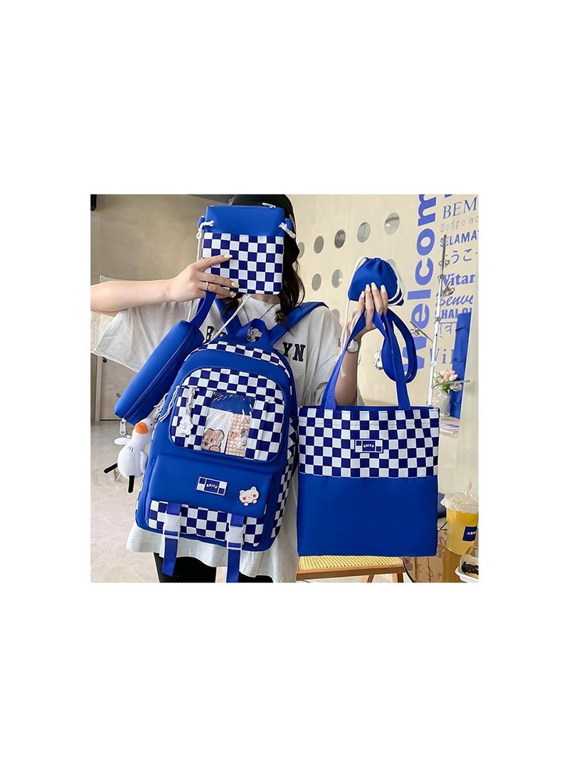 New Blue Checkered Print Canvas Backpack Set for Women Zipper Closure Adjustable Straps 5 Pcs Bags Set