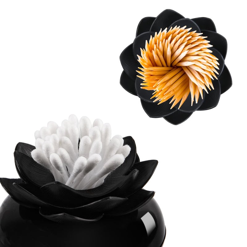 Bloss Lotus Cotton Swab Holder, Cotton Swabs Dispenser, Small Qtips Box, Toothpicks Container, Flower Qtip Holder for Bathroom Decor - Black - Image 3