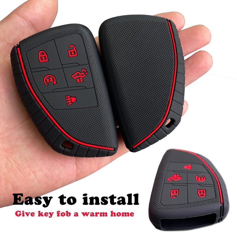 TANDRIVE Key Fob Cover for 2022 2023 2024 Chevy Silverado 1500 GMC Sierra 1500  2024 Silverado Sierra 2500HD 3500HD  Silicone  2-Pack  Red Button  Black - Image 3