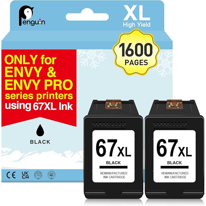 Penguin 67XL Remanufactured Ink Cartridge Replacement for 67 XL Compatible with 2827e 2842e 2852e 2855 2855e 2723 2723e 2724 2732 2732e Printers, 2 Black Combo Pack High Yield, 1400 Pages