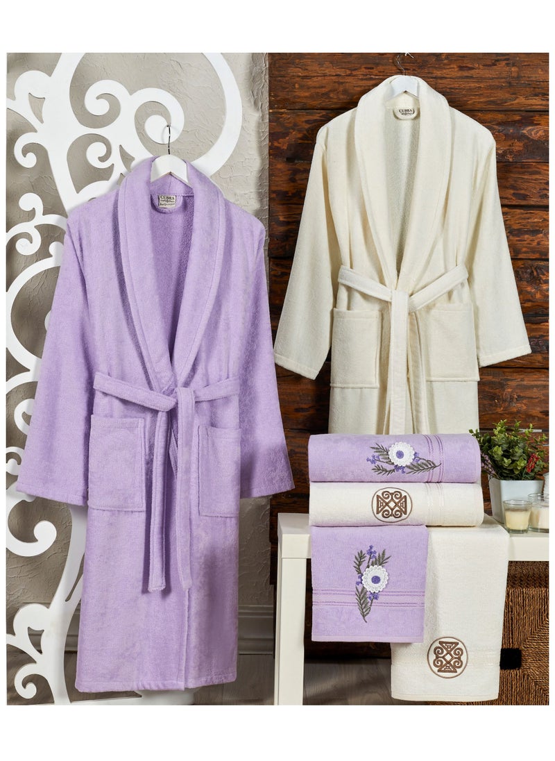 My VITA - 6-Piece Turkish Velour Cotton Bathrobe Set for Couples with Matching Bath Towels and Hand Towels Lilac/Ivory - Image 1