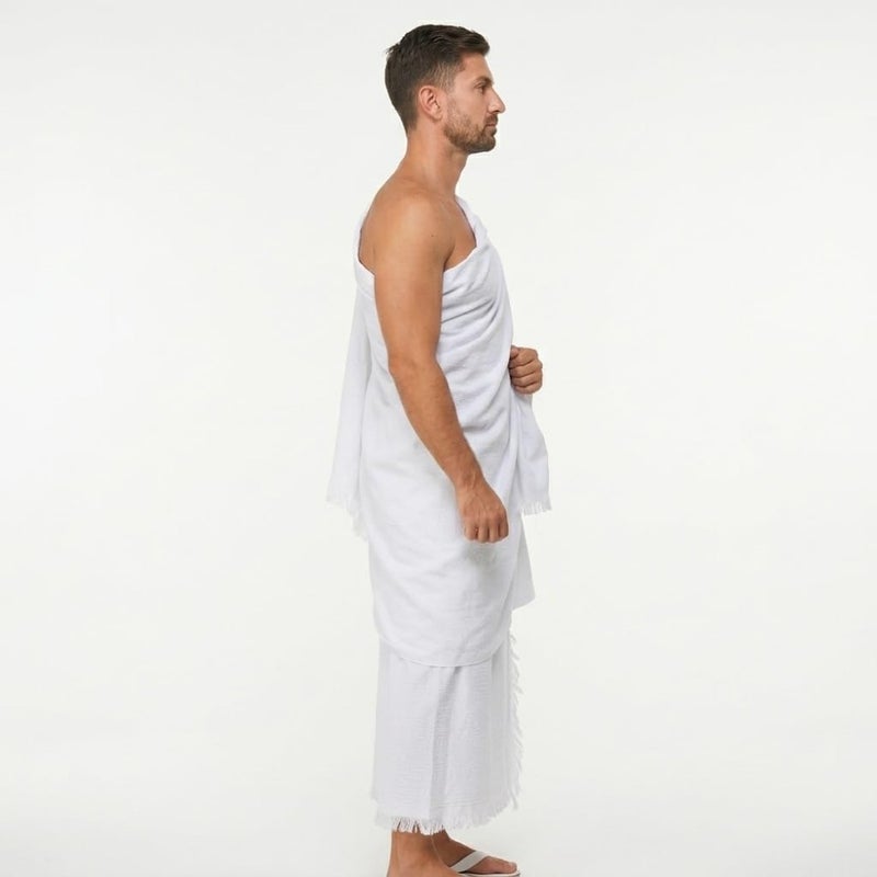 6 Pcs Set Ahram Towels for Mens - Hajj Umrah Ihram - Ehram for Islamic Pilgrimage - Belt with Builtin Bg Ahram Bag with Built-in Belt Bag, Umrah Dua Card, Tawaf Count Tasbeeh, Shoebag Pins - Image 3