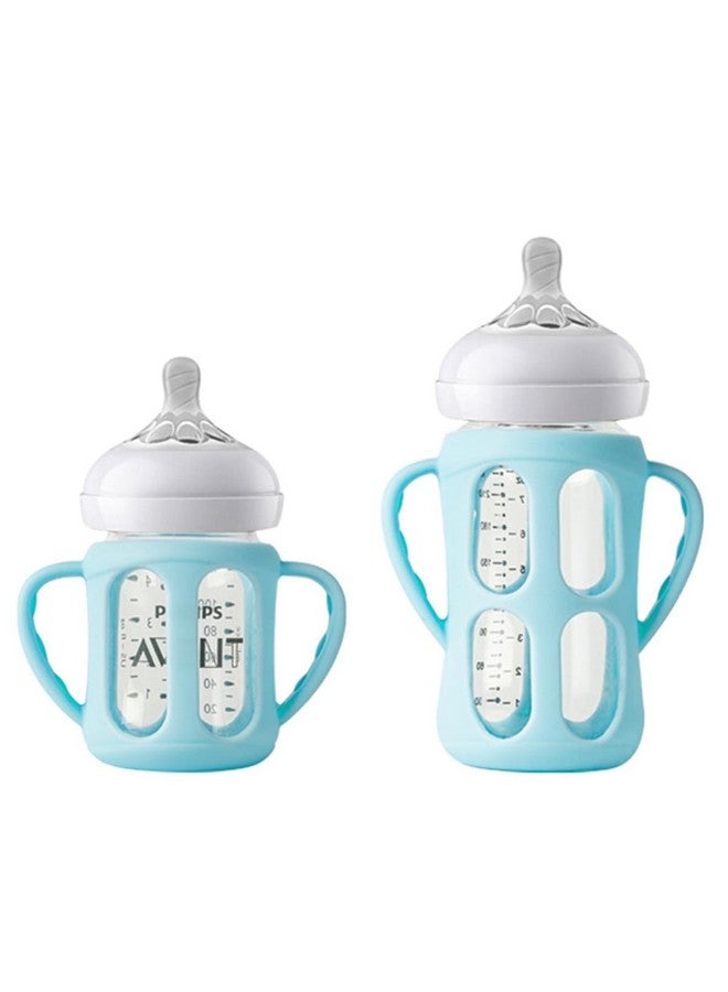 ROMIRUS 2 Pack Silicone Sleeves for Philips Avent Glass Natural Baby Bottles 4oz and 8oz, Anti Breakage Baby Bottle Holder with Handle, Feeding Bottle Handle (Blue) - Image 1