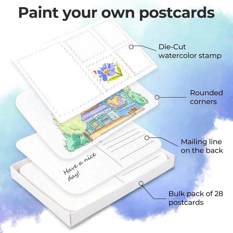 Funto Blank Watercolor Paper Postcards, 100% Cotton, 28 Cards+2 Watercolor Stamps, 4x6, 140lb/300gsm, Acid-Free Heavyweight for Thanks - Image 2