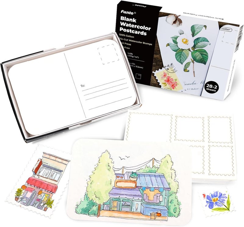 Funto Blank Watercolor Paper Postcards, 100% Cotton, 28 Cards+2 Watercolor Stamps, 4x6, 140lb/300gsm, Acid-Free Heavyweight for Thanks - Image 1
