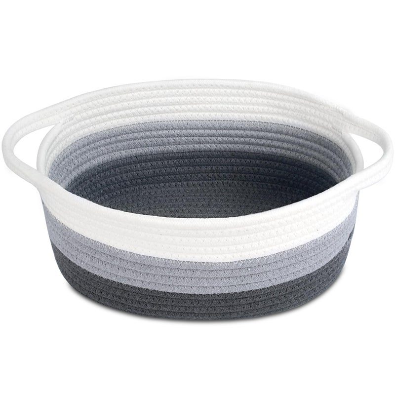 ABenkle Small Basket, 12"x 8" x 5" Cute Small Woven Basket, Rope Room Shelf Storage Basket, Cat Dog Toys Basket Chest Box, Decorative Empty Gift Basket with Handles - White & Grey & Dark Grey - Image 1