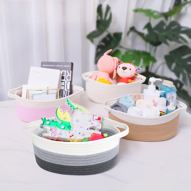 ABenkle Small Basket, 12"x 8" x 5" Cute Small Woven Basket, Rope Room Shelf Storage Basket, Cat Dog Toys Basket Chest Box, Decorative Empty Gift Basket with Handles - White & Grey & Dark Grey - Image 3
