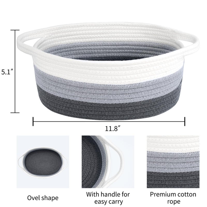 ABenkle Small Basket, 12"x 8" x 5" Cute Small Woven Basket, Rope Room Shelf Storage Basket, Cat Dog Toys Basket Chest Box, Decorative Empty Gift Basket with Handles - White & Grey & Dark Grey - Image 2