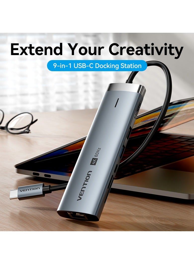 Vention 9-in-1 USB-C Docking Station 0.15M Grey, 4K@60Hz HDMI,100W PD, 5Gbps USB, Gigabit Ethernet, SD/TF Card Reader, 3.5mm Audio, OTG Support, Aluminum Alloy for MacBook Pro/Air, Dell, HP, Lenovo