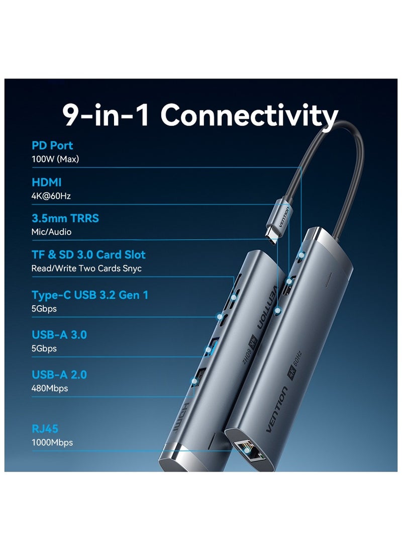 VENTION Vention 9in1 USB-C Docking Station,100W PD,4K HDMI/USB 3.2 Gen 1 Type-C/USB 3.0/USB 2.0/RJ45/SD/TF/TRRS 3.5mm  0.15M Gray Aluminum Alloy Type  - Image 2