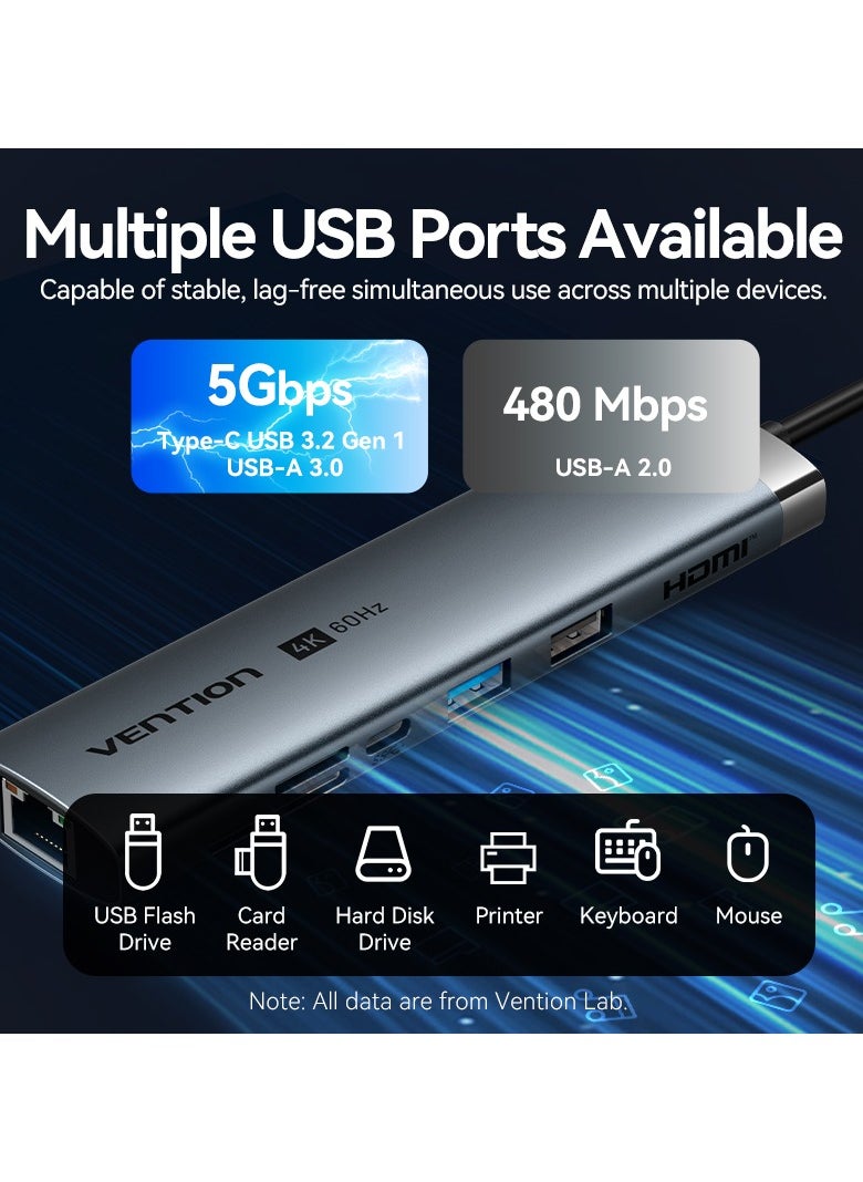 VENTION Vention 9in1 USB-C Docking Station,100W PD,4K HDMI/USB 3.2 Gen 1 Type-C/USB 3.0/USB 2.0/RJ45/SD/TF/TRRS 3.5mm  0.15M Gray Aluminum Alloy Type  - Image 3