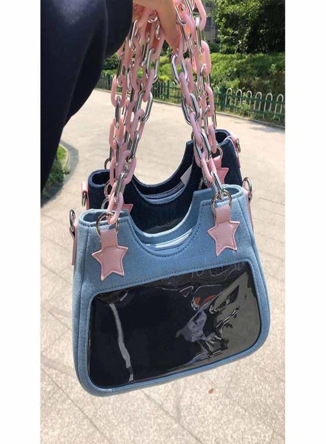 OATSBAS Cute Shoulder Bag Crossbody Bag for Women Y2K Star Patchwork Denim Messenger Handbag for Teen Girls (Light Blue) - Image 3