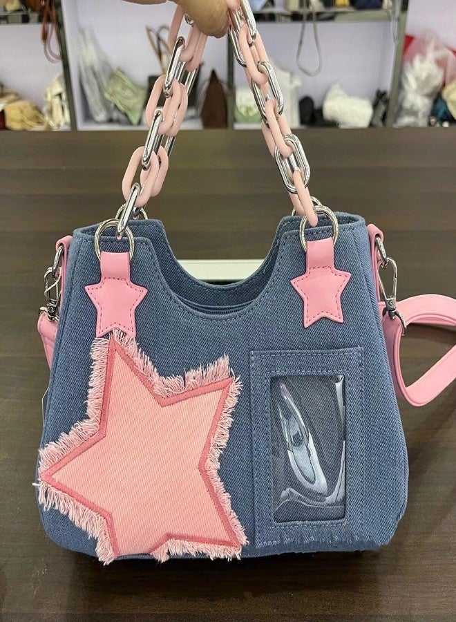 OATSBAS Cute Shoulder Bag Crossbody Bag for Women Y2K Star Patchwork Denim Messenger Handbag for Teen Girls (Light Blue) - Image 5
