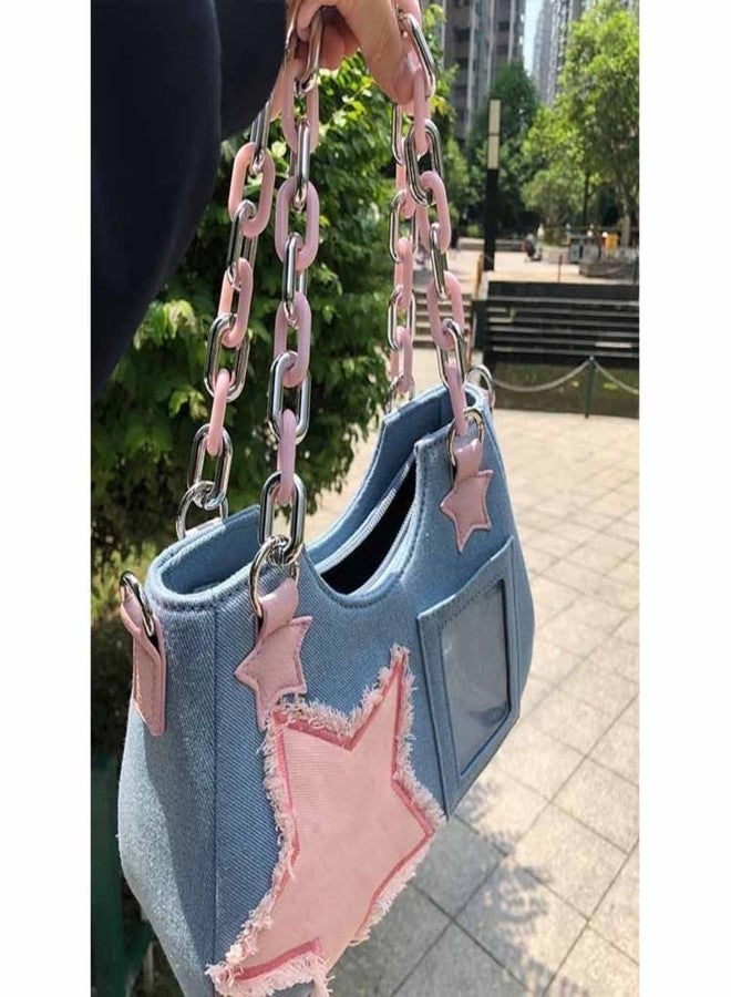 OATSBAS Cute Shoulder Bag Crossbody Bag for Women Y2K Star Patchwork Denim Messenger Handbag for Teen Girls (Light Blue) - Image 2