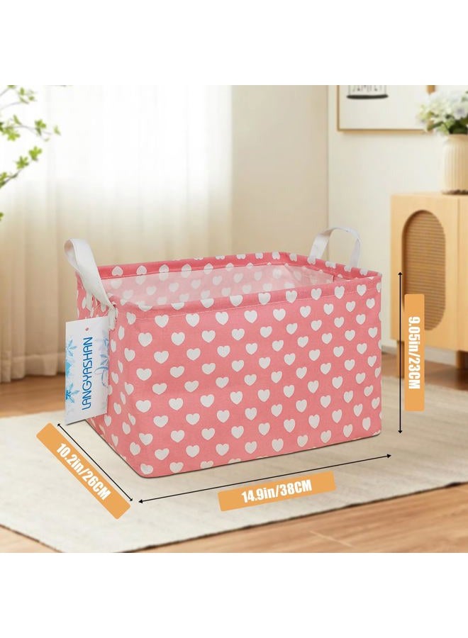 LANGYASHAN Rectangular Storage Bin Collapse Canvas Fabric Cartoon Storage Basket with Handles for Organizing Home Kitchen Boys and Girls Toys Office Closet Shelf Baskets (Rec Pink Heart) - Image 2