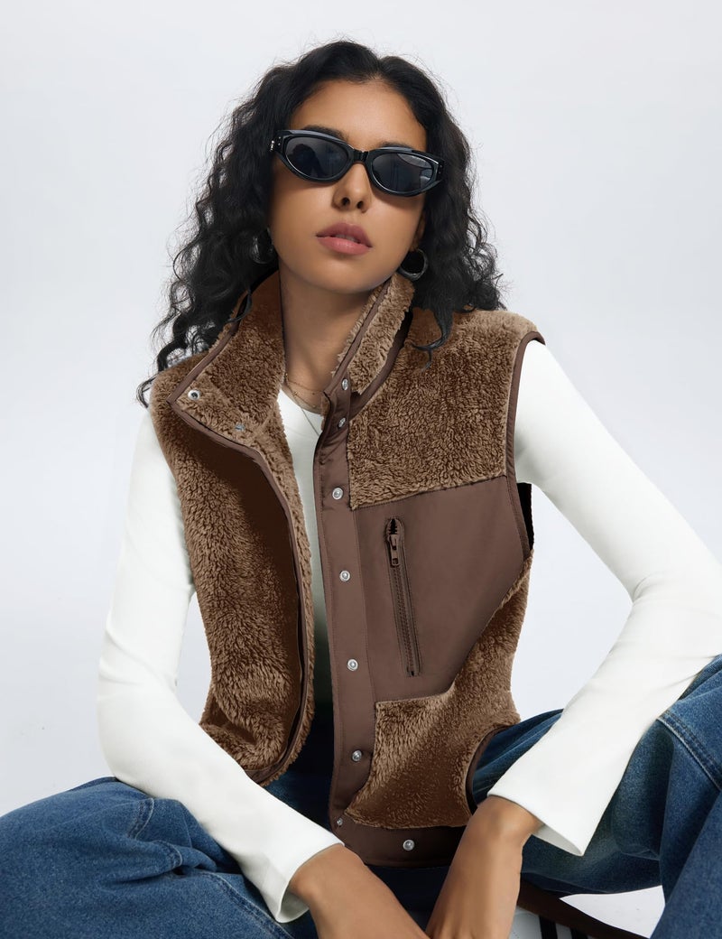 Rapbin Travel Vests for Women Winter lady Fuzzy Vest Outfits Warm Stand Collar Button Down Lightweight Sleeveless Jackets, Khaki, XL - Image 5