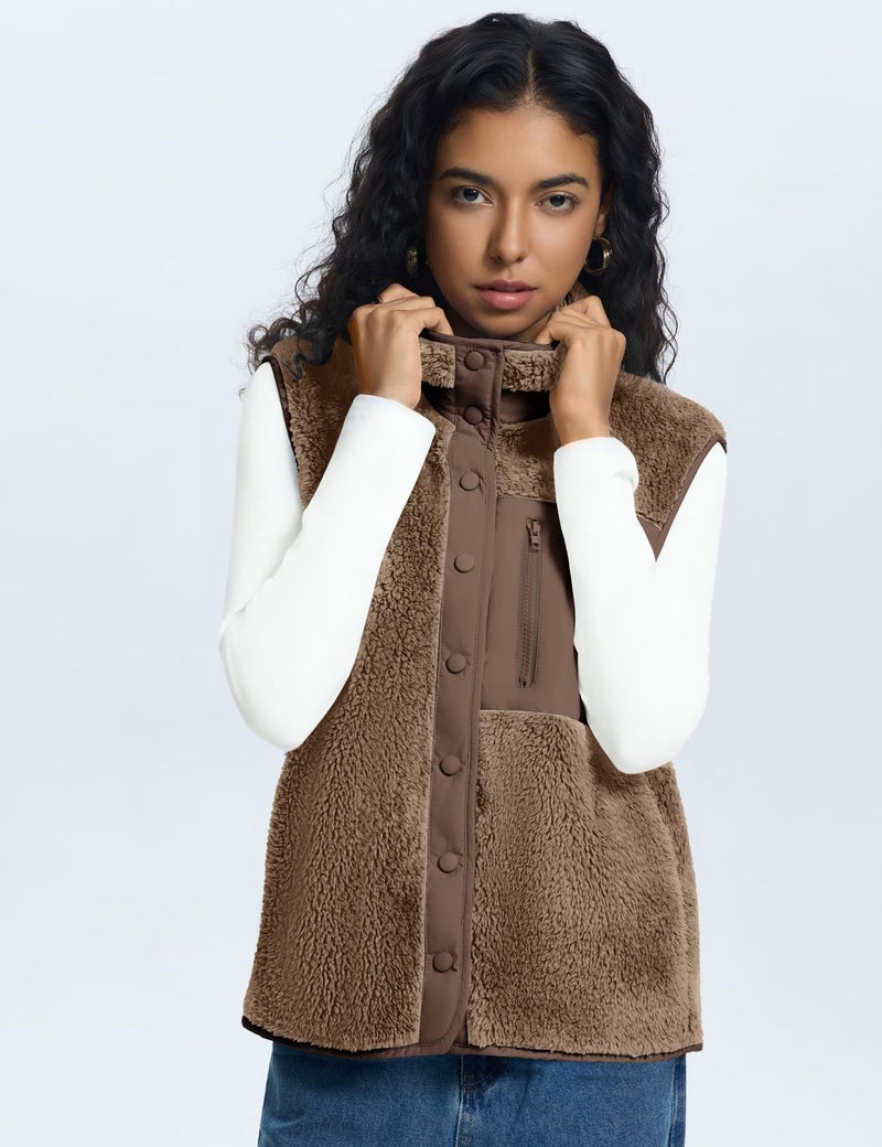 Rapbin Travel Vests for Women Winter lady Fuzzy Vest Outfits Warm Stand Collar Button Down Lightweight Sleeveless Jackets, Khaki, XL - Image 2