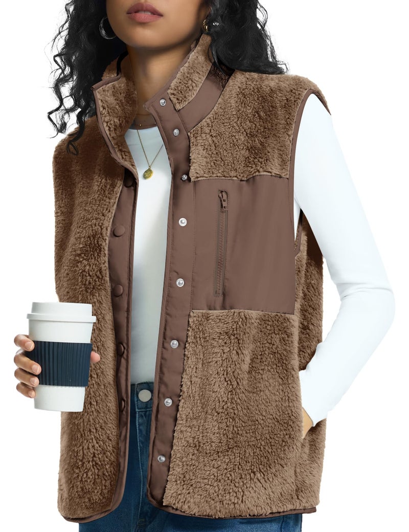 Rapbin Travel Vests for Women Winter lady Fuzzy Vest Outfits Warm Stand Collar Button Down Lightweight Sleeveless Jackets, Khaki, XL - Image 1