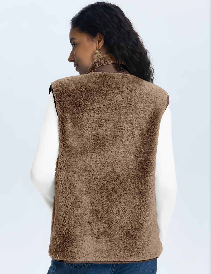 Rapbin Travel Vests for Women Winter lady Fuzzy Vest Outfits Warm Stand Collar Button Down Lightweight Sleeveless Jackets, Khaki, XL - Image 4