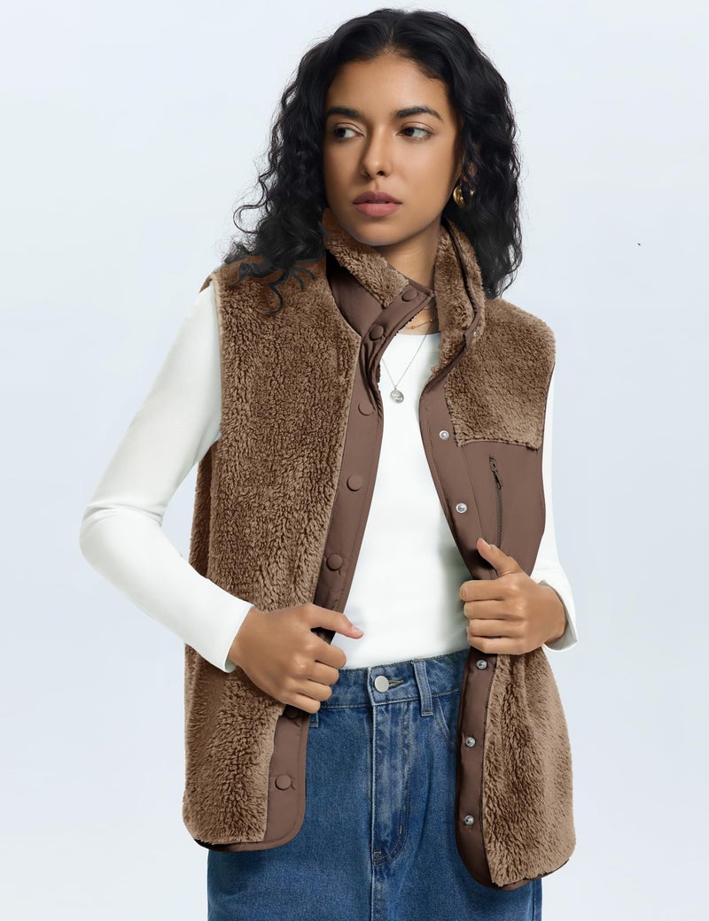 Rapbin Travel Vests for Women Winter lady Fuzzy Vest Outfits Warm Stand Collar Button Down Lightweight Sleeveless Jackets, Khaki, XL - Image 3