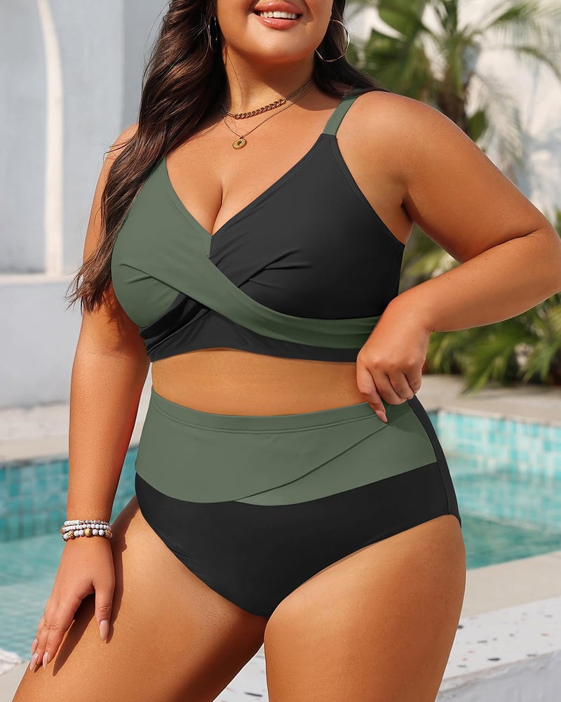 Tempt Me Plus Size Two Piece Swimsuit - Olive Green Women High Waisted Bikini Set Tummy Control Bathing Suits 16 Plus - Image 4