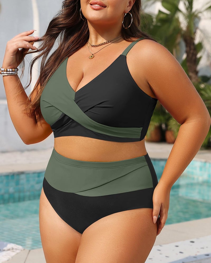 Tempt Me Plus Size Two Piece Swimsuit - Olive Green Women High Waisted Bikini Set Tummy Control Bathing Suits 16 Plus - Image 5