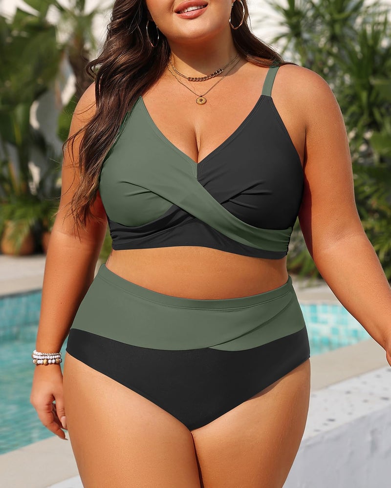 Tempt Me Plus Size Two Piece Swimsuit - Olive Green Women High Waisted Bikini Set Tummy Control Bathing Suits 16 Plus - Image 3