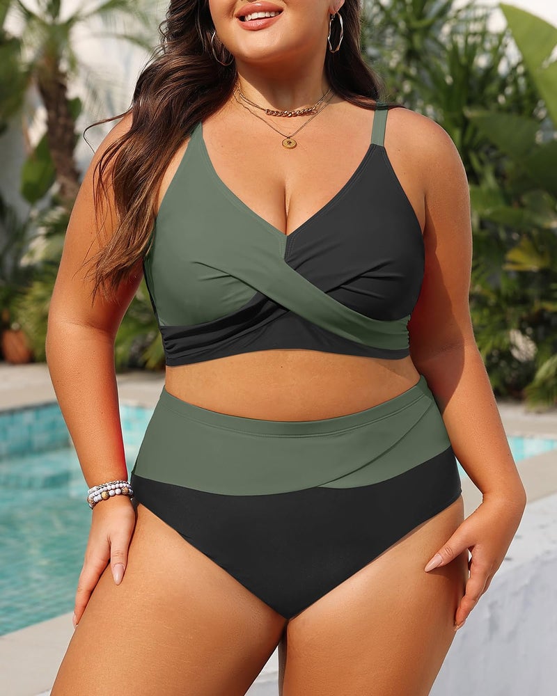 Tempt Me Plus Size Two Piece Swimsuit - Olive Green Women High Waisted Bikini Set Tummy Control Bathing Suits 16 Plus - Image 2