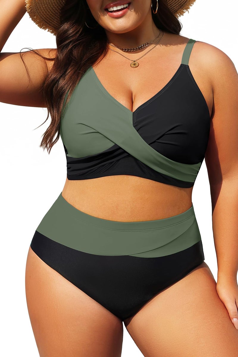 Tempt Me Plus Size Two Piece Swimsuit - Olive Green Women High Waisted Bikini Set Tummy Control Bathing Suits 16 Plus - Image 1