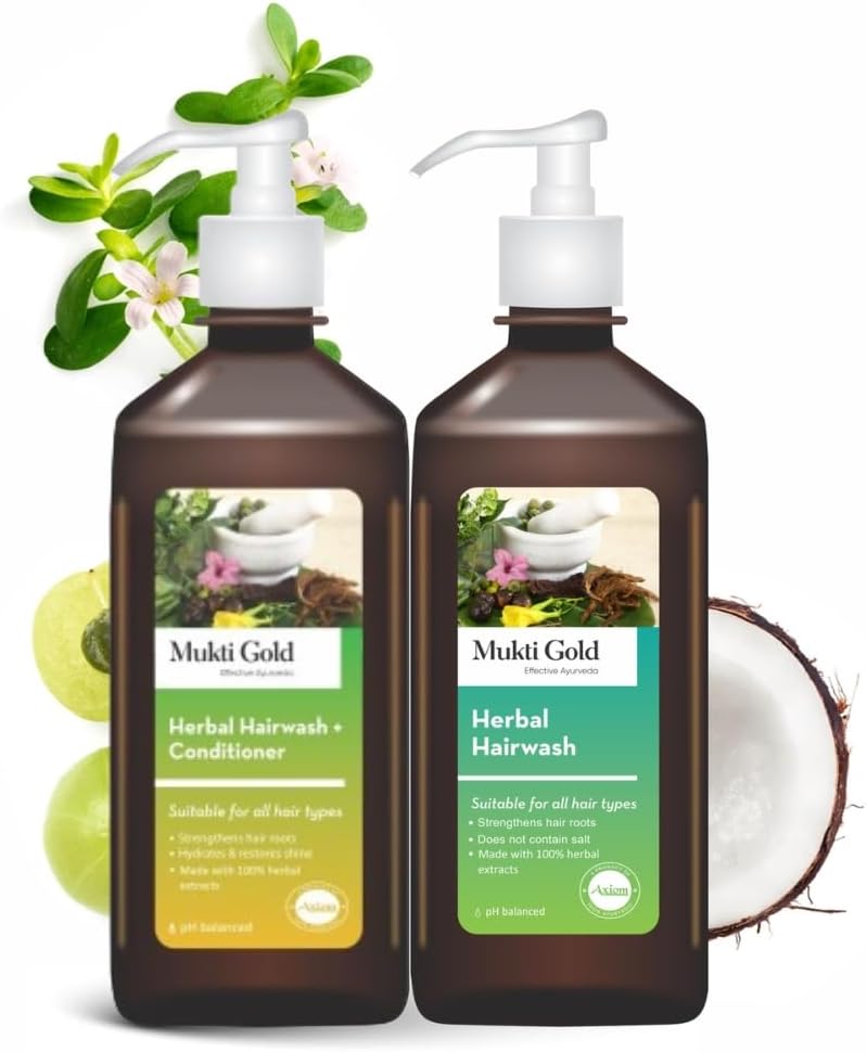 Axiom Mukti Gold Hair Combo Pack  Herbal Hairwash & Hairwash + Conditioner  400mL Each Helpful for Hairfall  For Both Men and Women  Infused with 15 Herbs  Sulphate and Paraben Free - Image 1