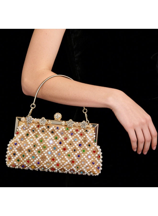 Beaded Evening Clutch Bag for Women, Rhinestone & Pearl Embellished Handbag with Gold Metal Frame, Elegant Party Purse with Detachable Chain Strap - Image 2
