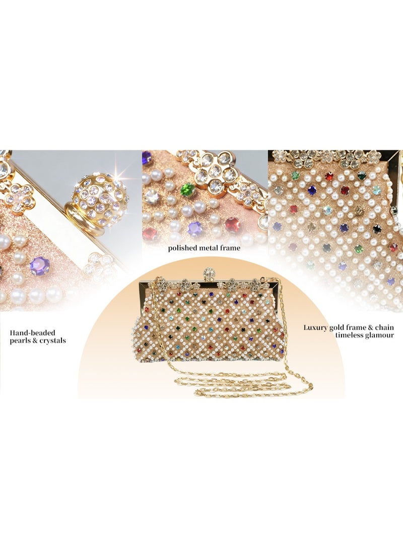 Beaded Evening Clutch Bag for Women, Rhinestone & Pearl Embellished Handbag with Gold Metal Frame, Elegant Party Purse with Detachable Chain Strap - Image 4