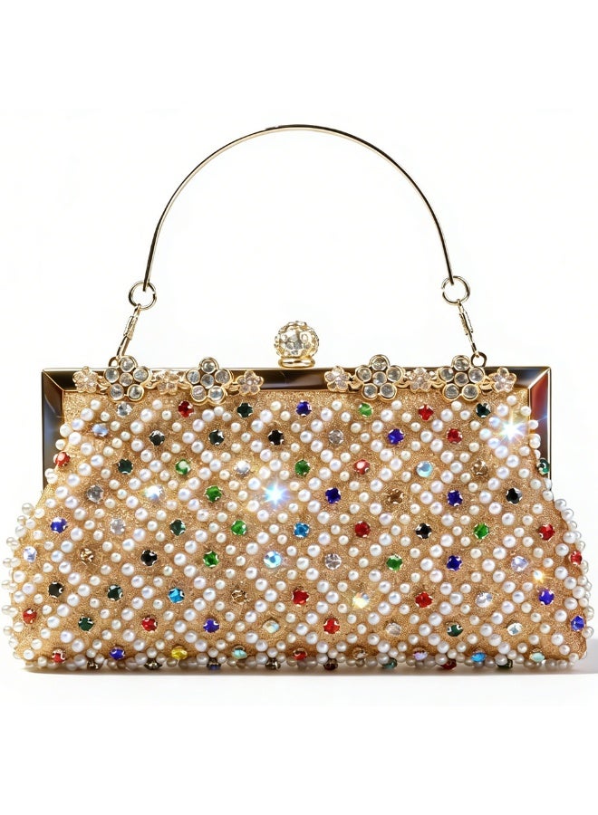Beaded Evening Clutch Bag for Women, Rhinestone & Pearl Embellished Handbag with Gold Metal Frame, Elegant Party Purse with Detachable Chain Strap - Image 1